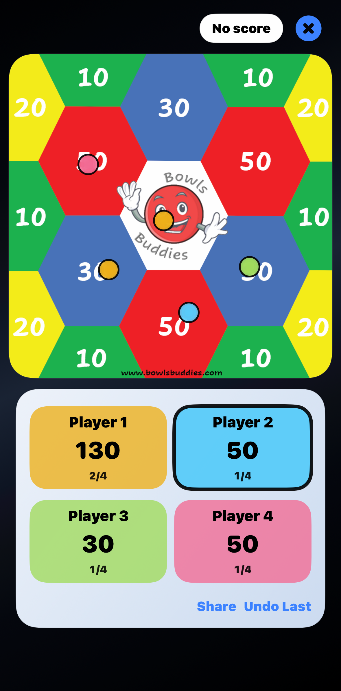 Bowls Buddies social game screen with coloured scoring zones and player scores