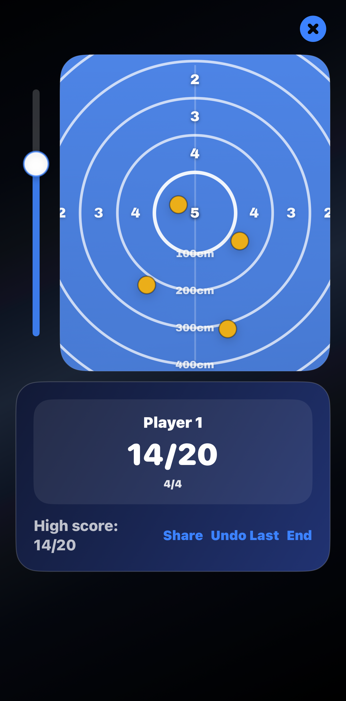 BowlsIQ consistency game screen showing scored bowls around the jack