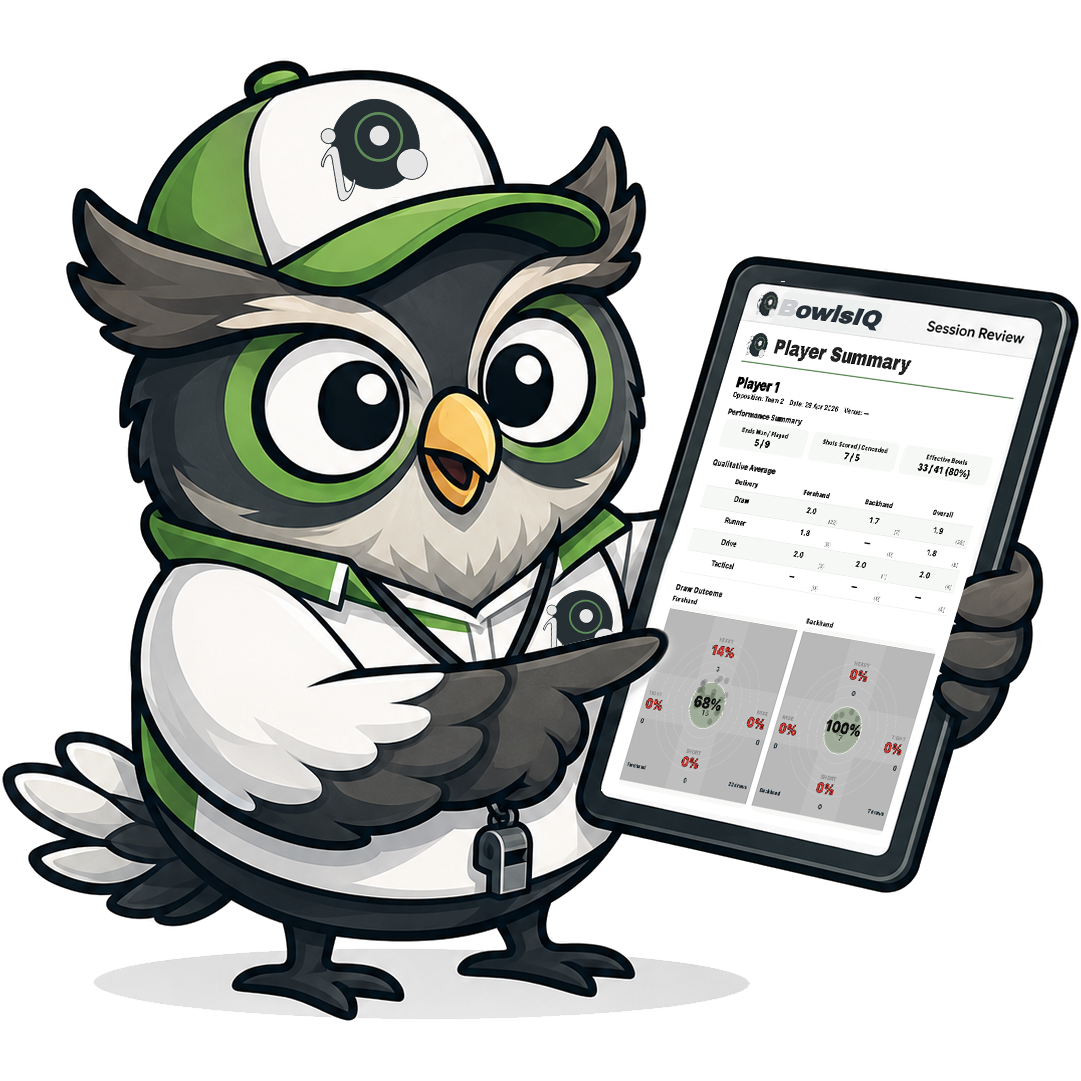 BowlsIQ lawn bowls performance analysis report shown on a tablet
